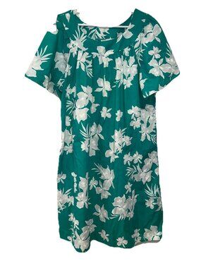 Vintage Aikane Hawaii Womens Dress Midi Muumuu Sz XL Teal Green Floral Hibiscus
